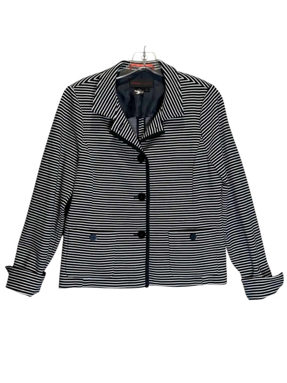 Nina Mclemore Women’s Navy & White Striped Button-Up Knit Jacket - Size 8